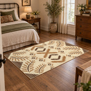 cream and tan rustic symbolic geometric pattern area rug, soft surface detail