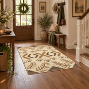 cream and tan rustic symbolic geometric pattern area rug, wood floor styling