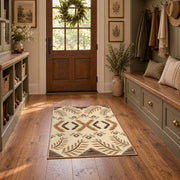 cream and tan rustic symbolic geometric pattern area rug, front room mockup