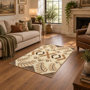 cream and tan rustic symbolic geometric pattern area rug, ornamental detail view
