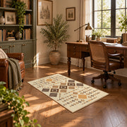 cream and tan patchwork kilim pattern area rug, complete product view