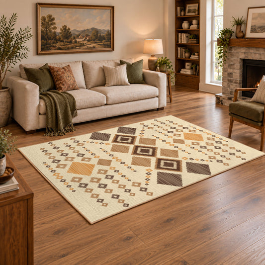 cream and tan patchwork kilim pattern area rug, angled room view
