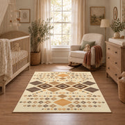 cream and tan patchwork kilim pattern area rug, full pattern view