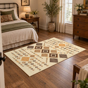 cream and tan patchwork kilim pattern area rug, soft surface detail