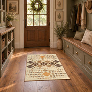 cream and tan patchwork kilim pattern area rug, front room mockup