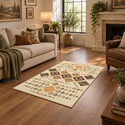 cream and tan patchwork kilim pattern area rug, ornamental detail view