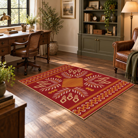 red and gold folk art floral pattern area rug, warm living room view