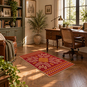red and gold folk art floral pattern area rug, complete product view