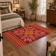 red and gold folk art floral pattern area rug, soft surface detail