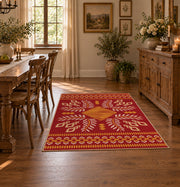 red and gold folk art floral pattern area rug, close decorative detail