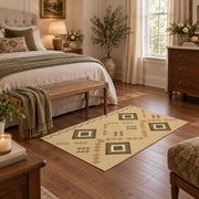 beige and brown minimal square pattern area rug, cozy home setting