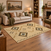 beige and brown minimal square pattern area rug, angled room view
