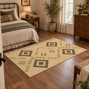 beige and brown minimal square pattern area rug, soft surface detail