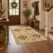 beige and brown minimal square pattern area rug, wood floor styling