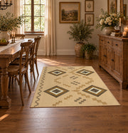 beige and brown minimal square pattern area rug, close decorative detail