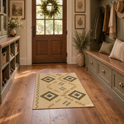 beige and brown minimal square pattern area rug, front room mockup