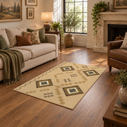 beige and brown minimal square pattern area rug, ornamental detail view