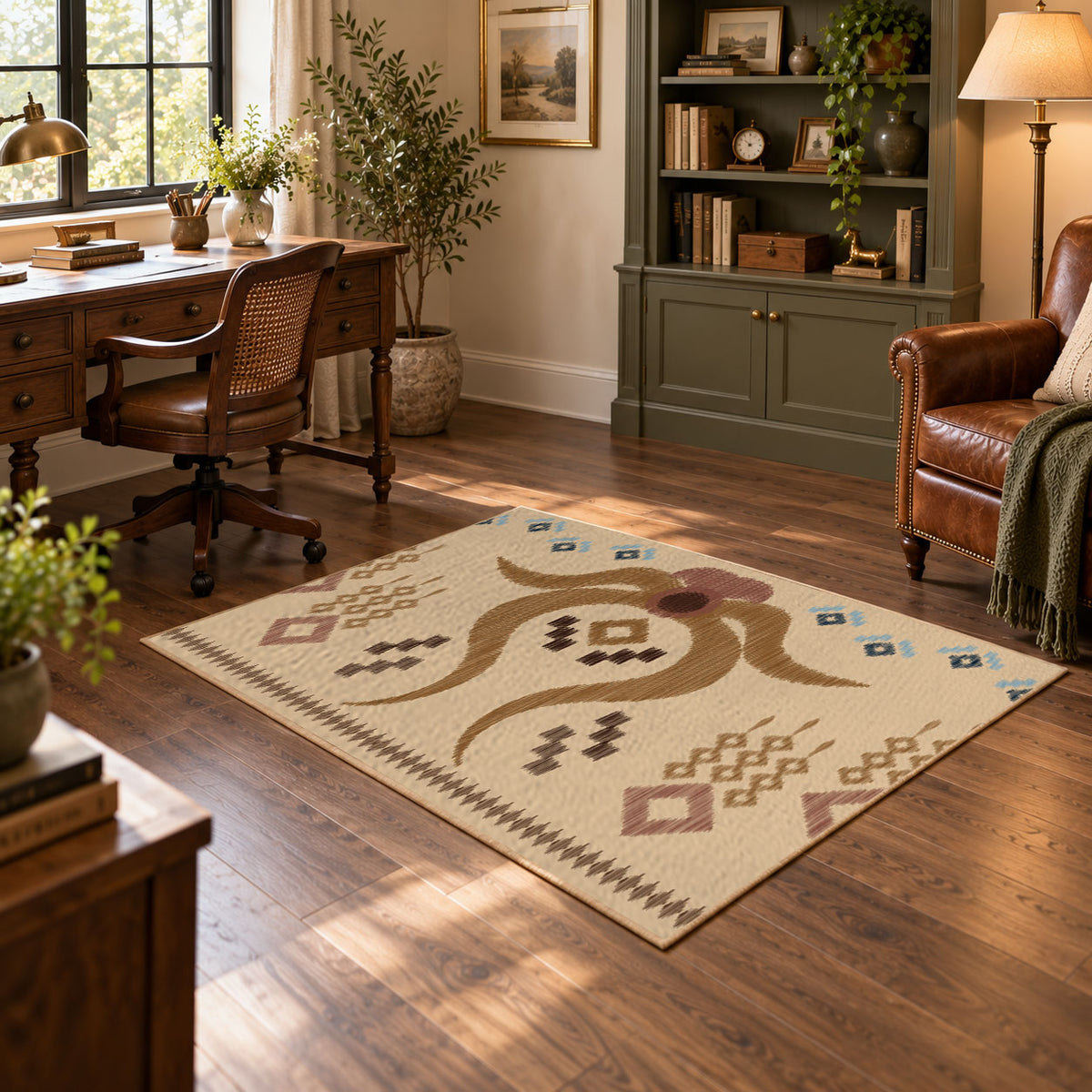 beige and brown music notes and melody pattern area rug, warm living room view