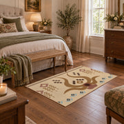 beige and brown music notes and melody pattern area rug, cozy home setting