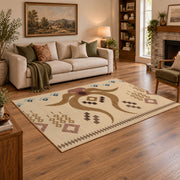 beige and brown music notes and melody pattern area rug, angled room view