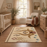 beige and brown music notes and melody pattern area rug, full pattern view