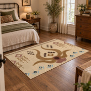 beige and brown music notes and melody pattern area rug, soft surface detail