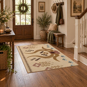 beige and brown music notes and melody pattern area rug, wood floor styling