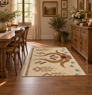 beige and brown music notes and melody pattern area rug, close decorative detail