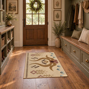 beige and brown music notes and melody pattern area rug, front room mockup