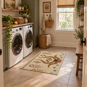 beige and brown music notes and melody pattern area rug, wide interior view