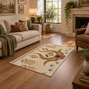beige and brown music notes and melody pattern area rug, ornamental detail view
