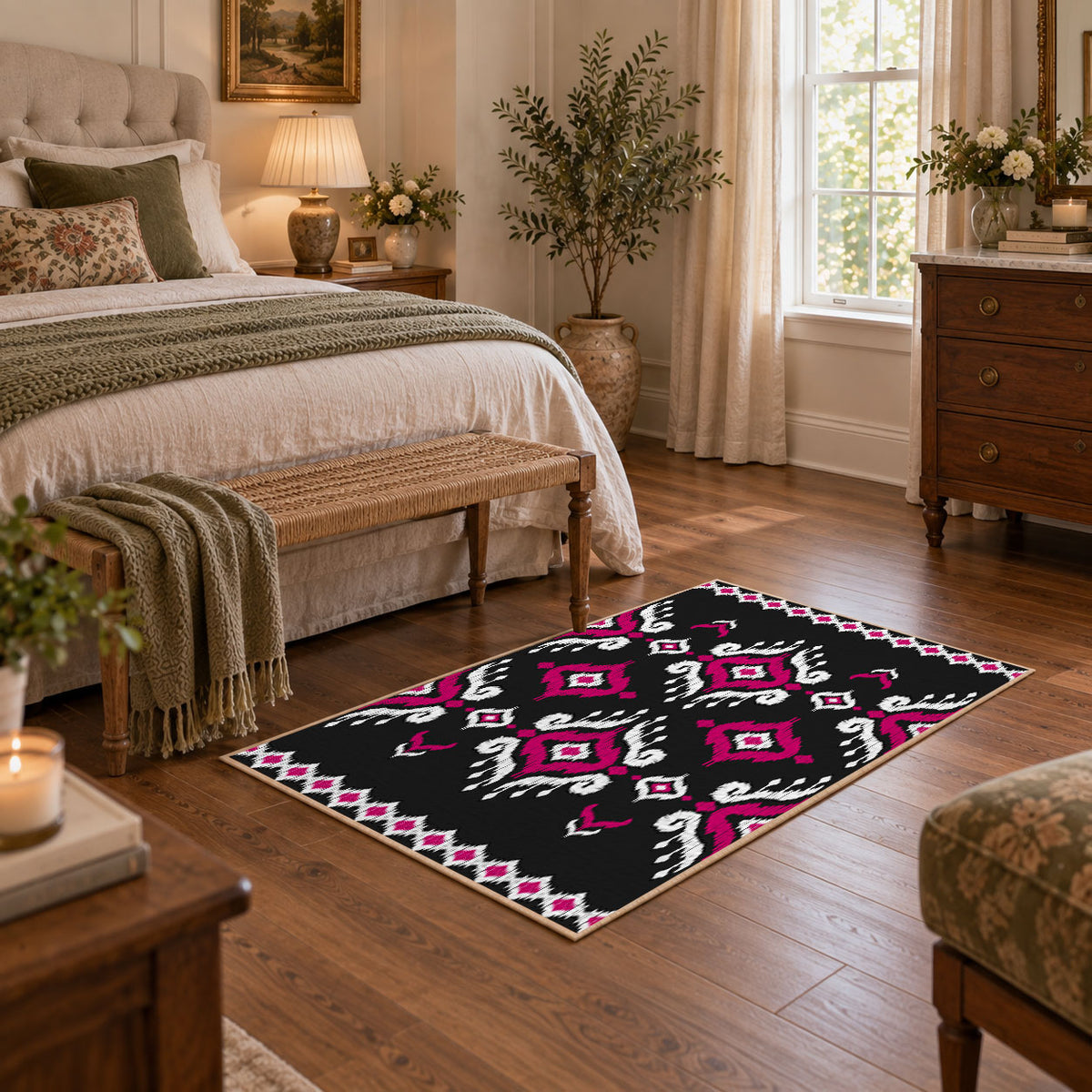 black and magenta tribal diamond pattern area rug, warm living room view