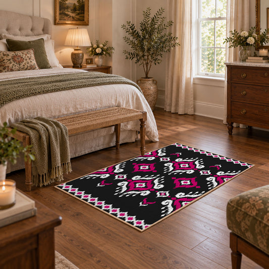 black and magenta tribal diamond pattern area rug, warm living room view