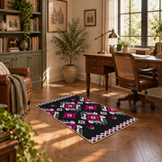 black and magenta tribal diamond pattern area rug, complete product view