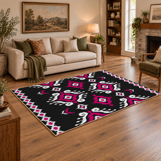 black and magenta tribal diamond pattern area rug, angled room view