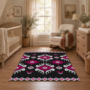 black and magenta tribal diamond pattern area rug, full pattern view