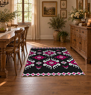 black and magenta tribal diamond pattern area rug, front room mockup