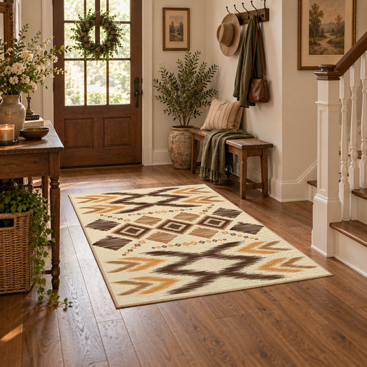 tan and orange zigzag tribal pattern area rug, warm living room view