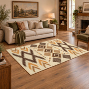 tan and orange zigzag tribal pattern area rug, angled room view