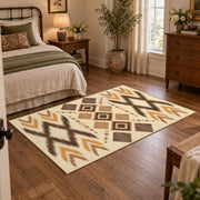 tan and orange zigzag tribal pattern area rug, soft surface detail