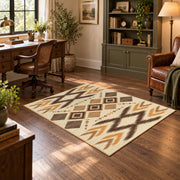 tan and orange zigzag tribal pattern area rug, wood floor styling