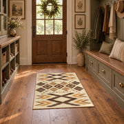 tan and orange zigzag tribal pattern area rug, front room mockup