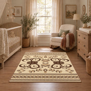 cream and brown ornamental scroll pattern area rug, full pattern view
