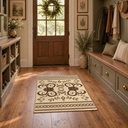 cream and brown ornamental scroll pattern area rug, front room mockup