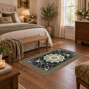 navy and ivory floral medallion area rug, cozy home setting