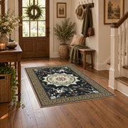 navy and ivory floral medallion area rug, close decorative detail