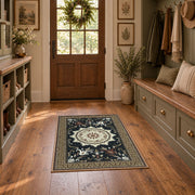 navy and ivory floral medallion area rug, wide interior view