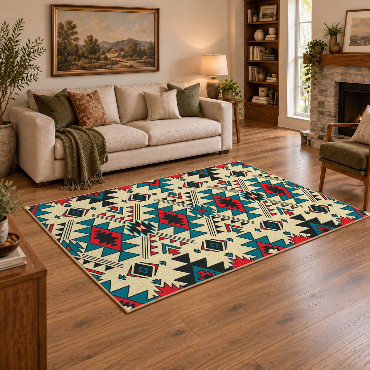 multicolor colorful southwestern tribal pattern area rug, warm living room view