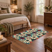 multicolor colorful southwestern tribal pattern area rug, cozy home setting