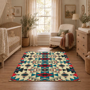 multicolor colorful southwestern tribal pattern area rug, angled room view